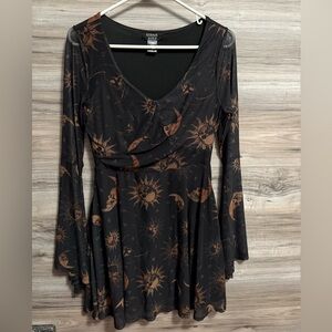 Cosmic Aura Skull Celestial Mesh Bell Sleeve Dress